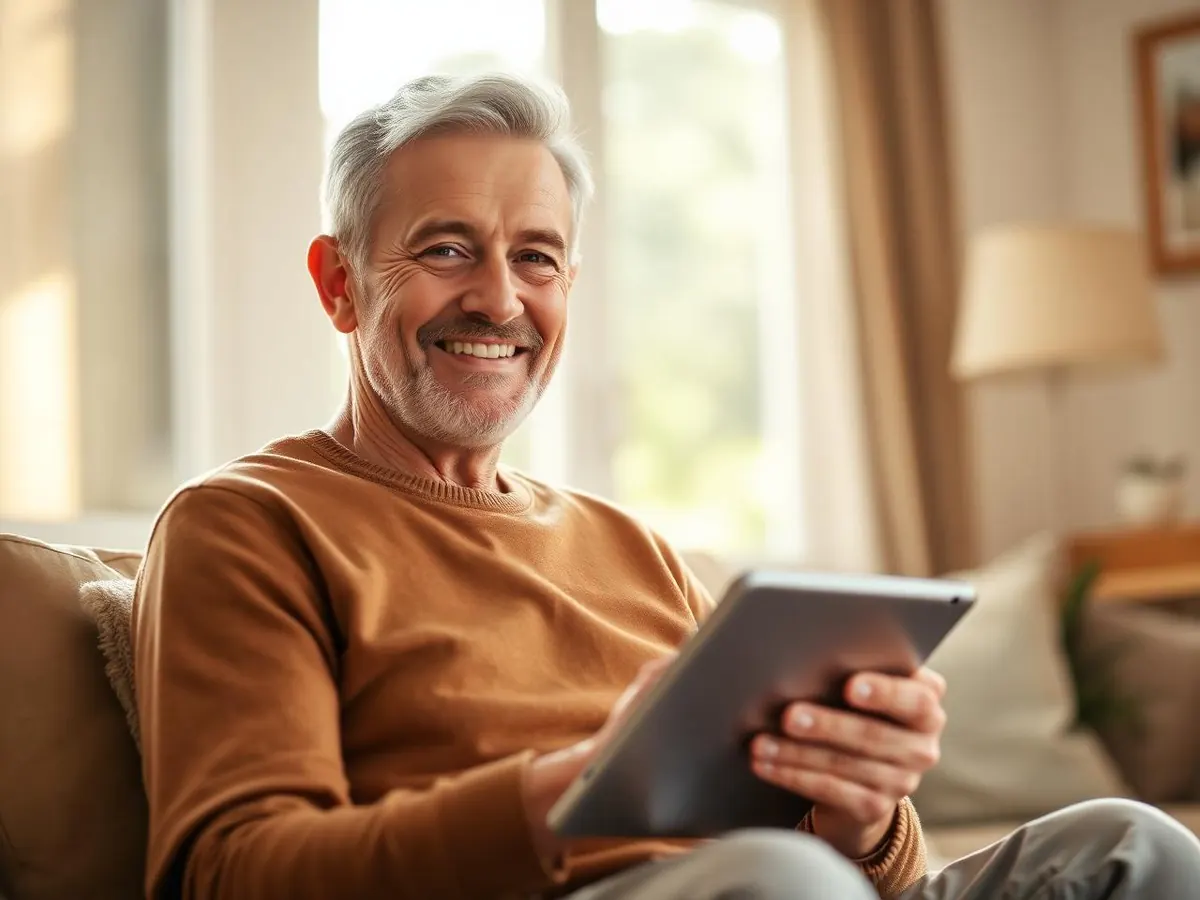 Smiling senior man reviewing his disability benefits guide on a tablet